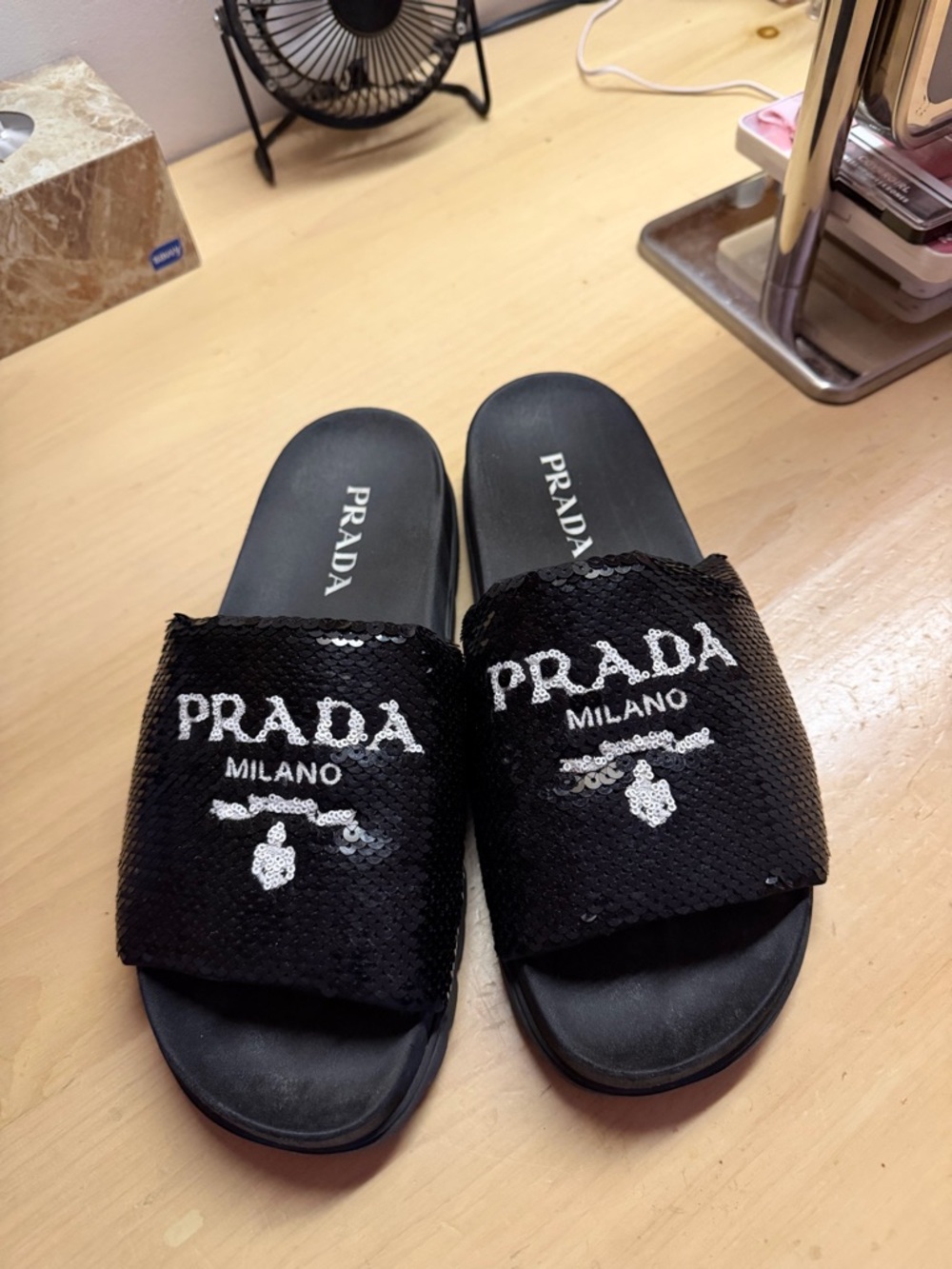 Prada Black Sequin Logo Slide Sandals